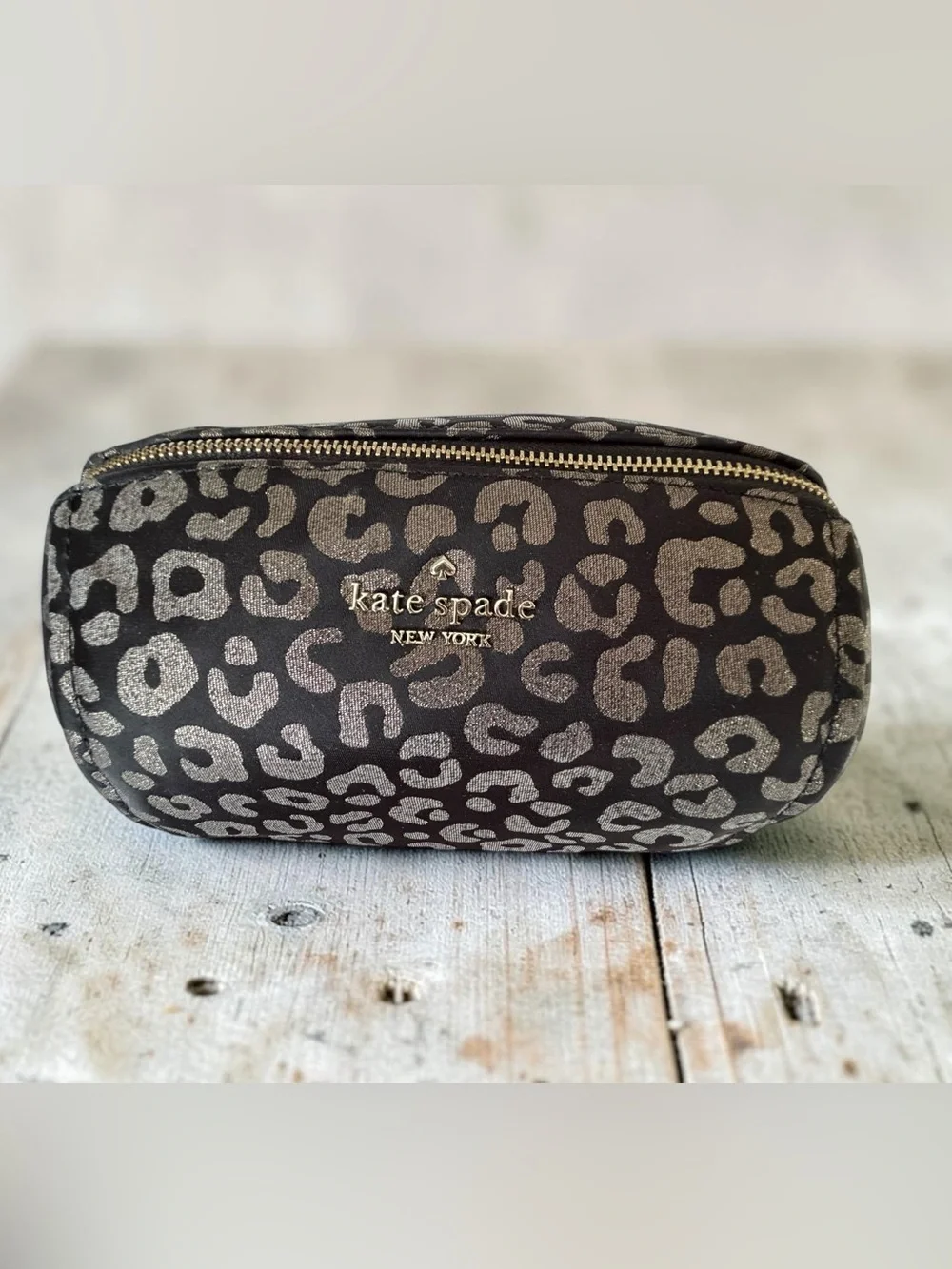 kate spade Metallic Silver Leopard Print Cosmetic Pouch - Black Base